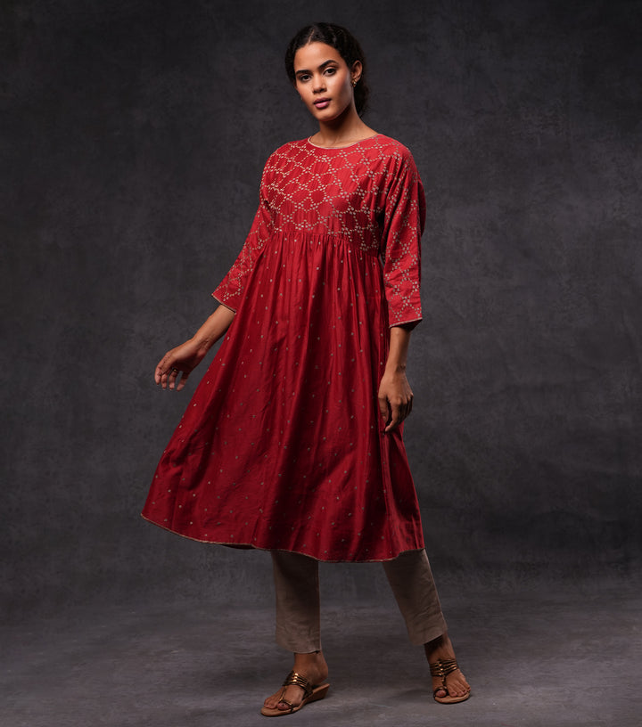 Red Embroidered Cotton Silk  Dress