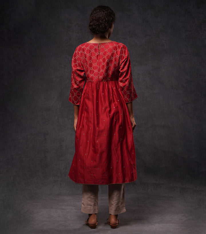 Red Embroidered Cotton Silk  Dress