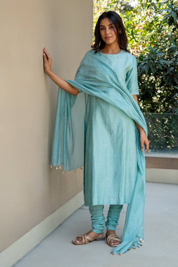 Aqua Blue Embroidered Chanderi Suit Set
