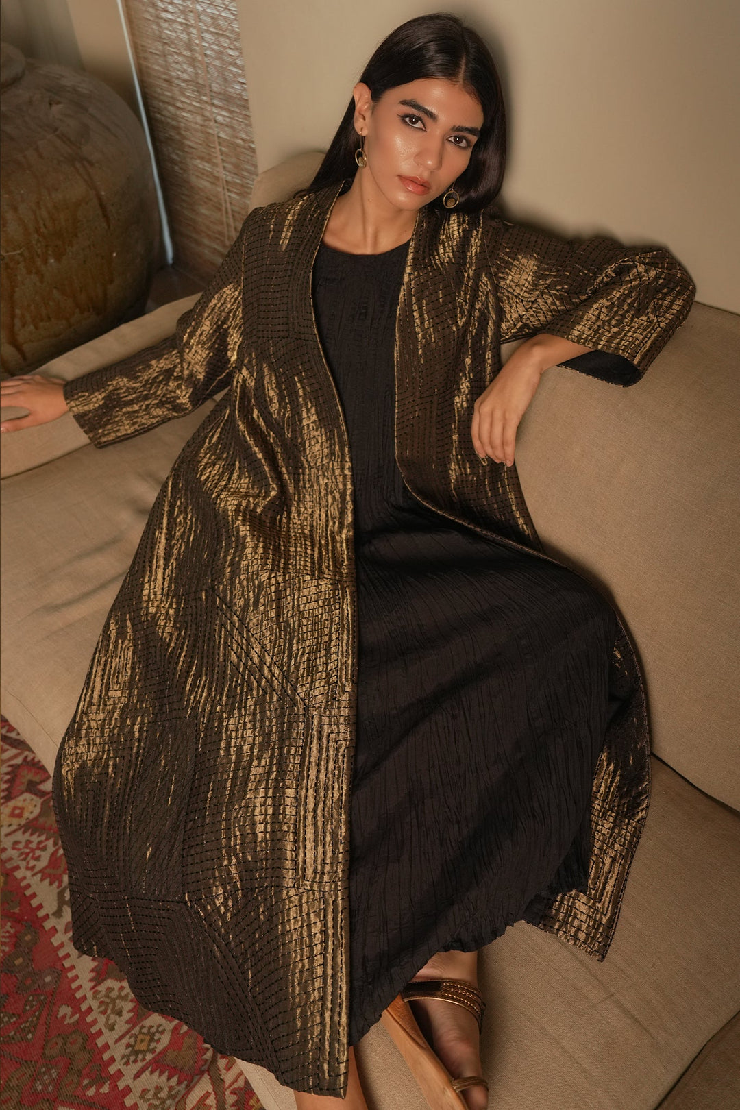 Black Embroidered Tissue Jacket with Silk Crinkle Slip