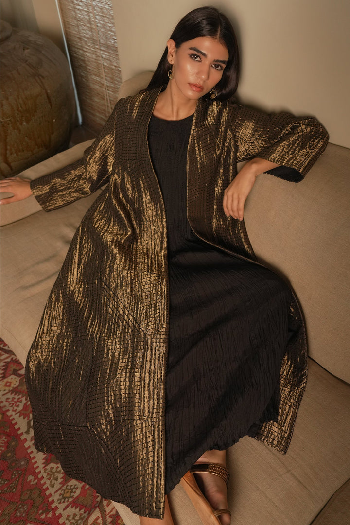 Black Embroidered Tissue Jacket with Silk Crinkle Slip