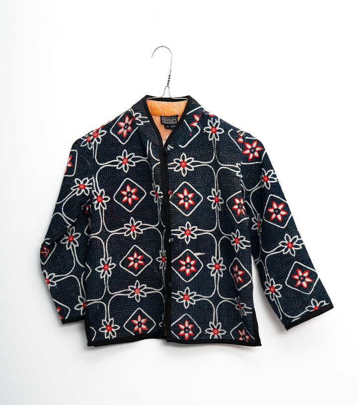 Black Vintage Cotton Kantha Jacket For Kids