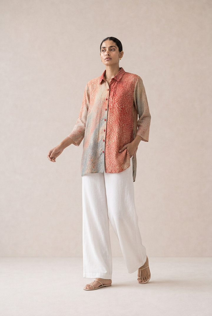 Red & Green Shibori Chanderi Shirt