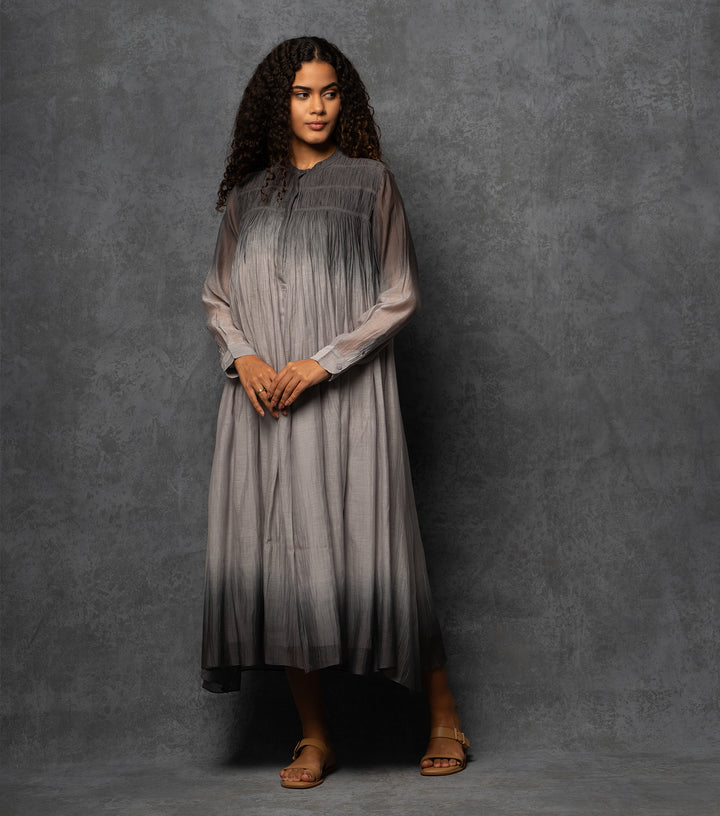 Black & Grey Ombre Thread Embroidered Cotton Silk Long Dress