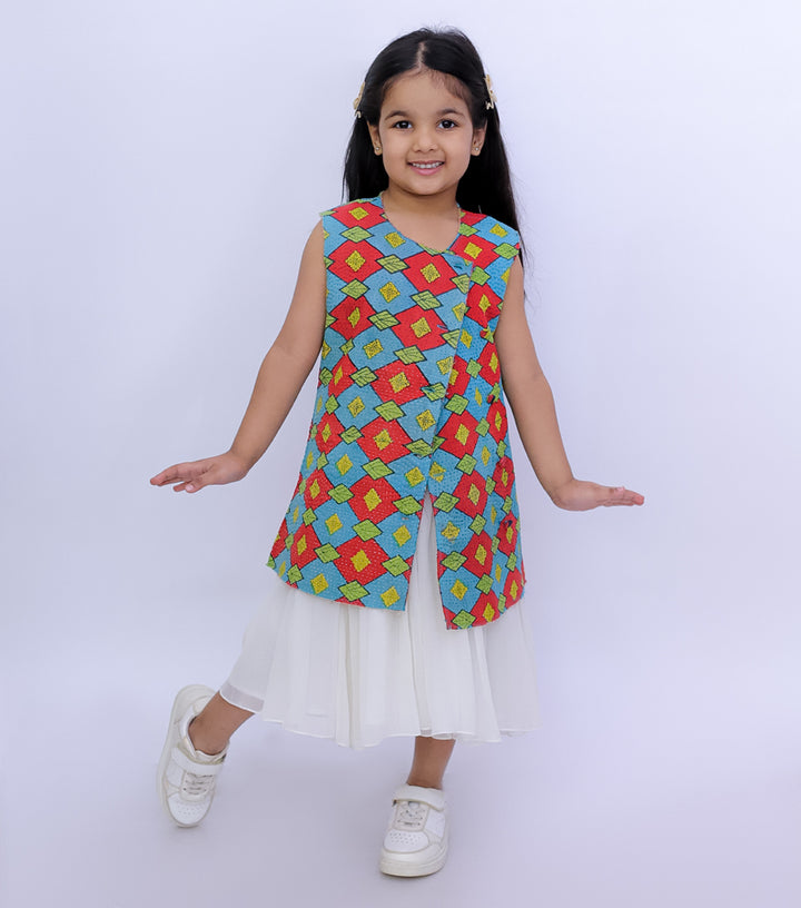 Green Orange Vintage Cotton Kantha Jacket For Kids