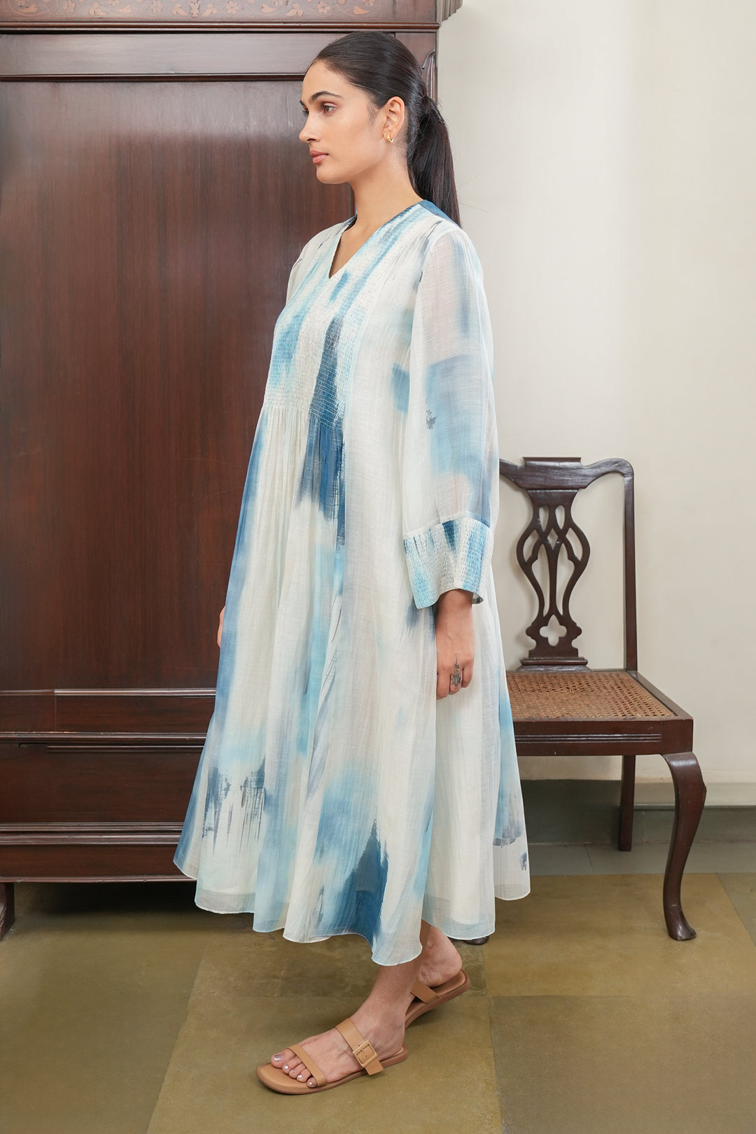 Blue and Off White Abstract Print Midi Dress