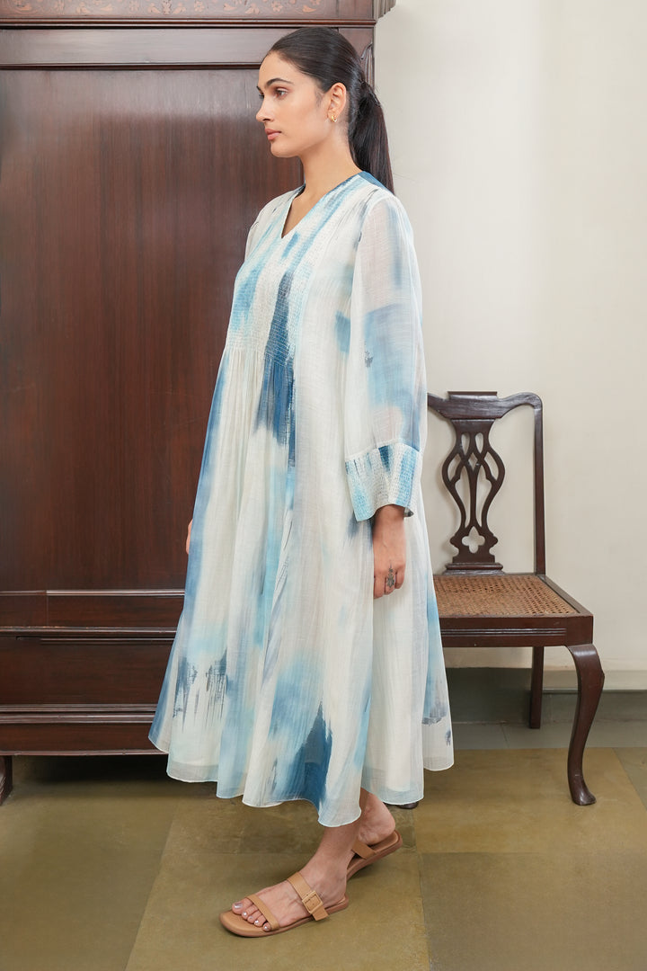 Blue and Off White Abstract Print Midi Dress