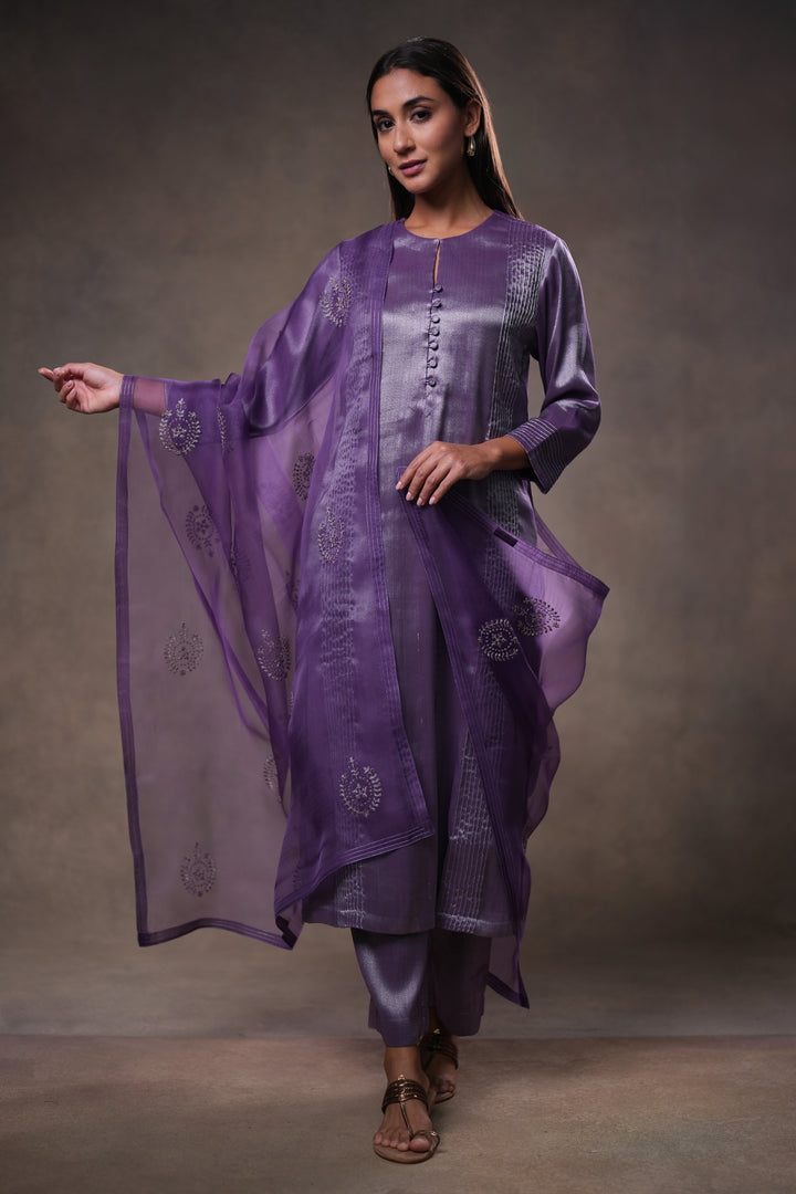 Purple Tissue Kurta with Pants and Dupatta