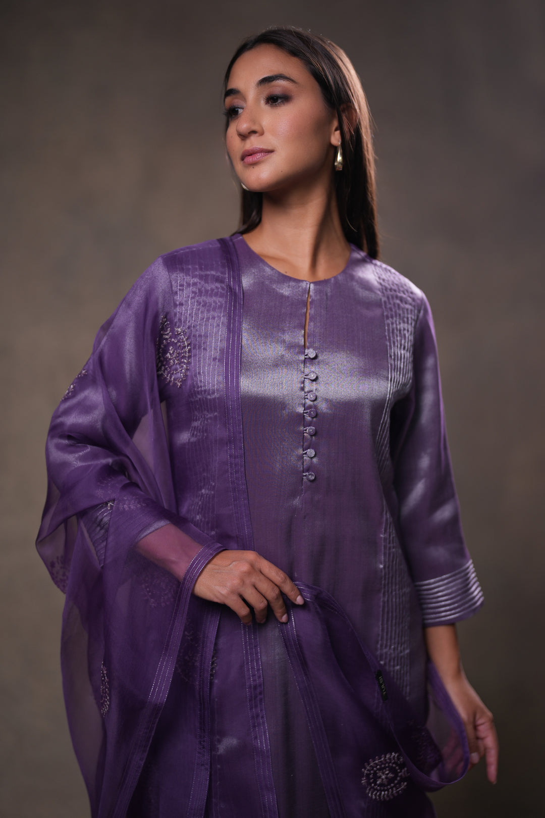 Purple Tissue Kurta with Pants and Dupatta