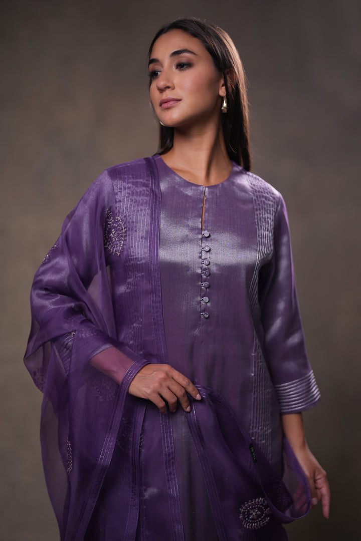 Purple Tissue Kurta with Pants and Dupatta