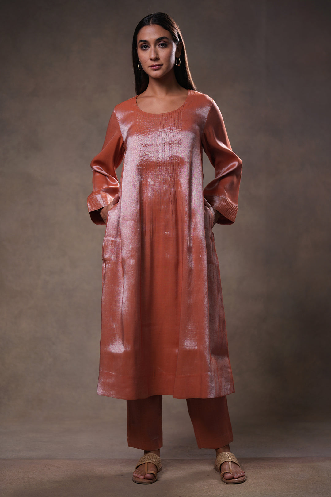 Rust Tissue Kurta with Pants and Dupatta