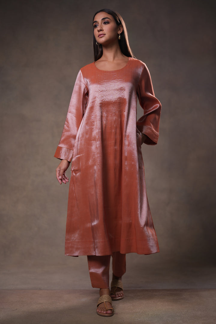 Rust Tissue Kurta with Pants and Dupatta
