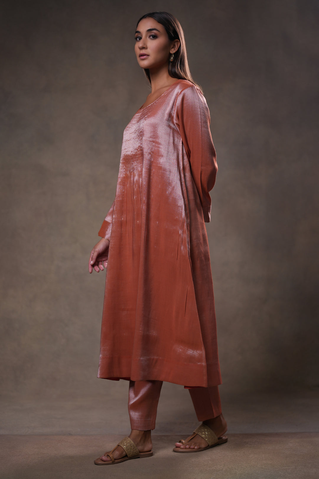Rust Tissue Kurta with Pants and Dupatta