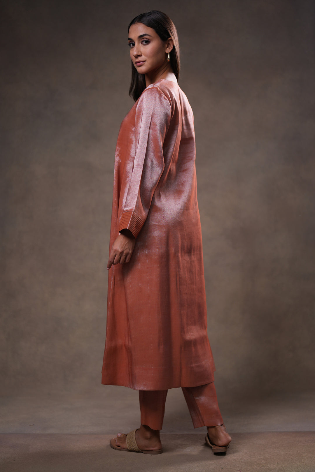 Rust Tissue Kurta with Pants and Dupatta