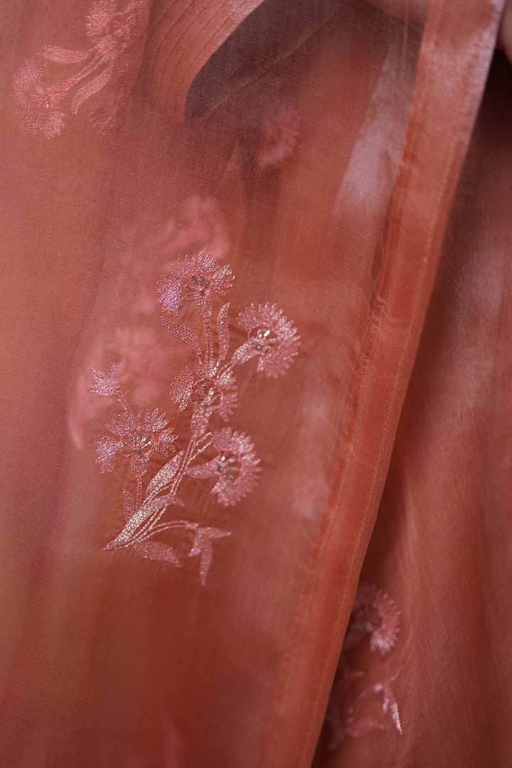 Rust Embroidered Organza Dupatta
