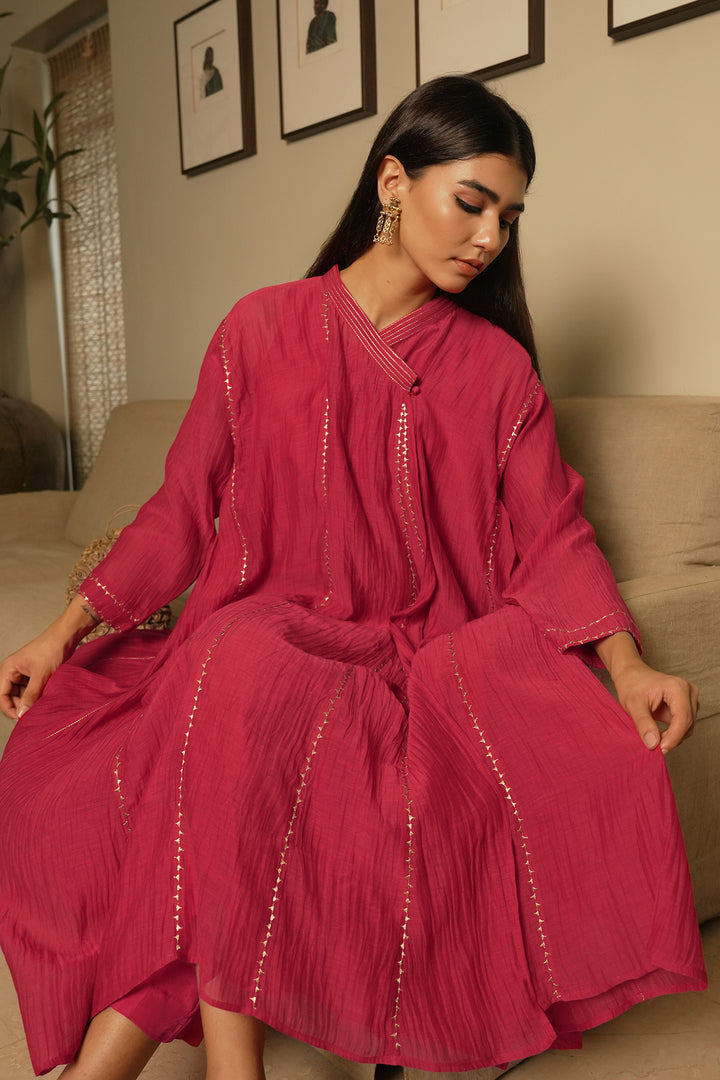 Hot Pink Embroidered Chanderi Choga