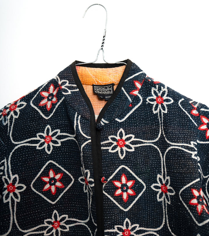 Black Vintage Cotton Kantha Jacket For Kids