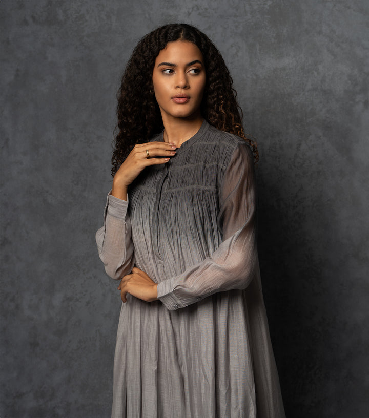 Black & Grey Ombre Thread Embroidered Cotton Silk Long Dress