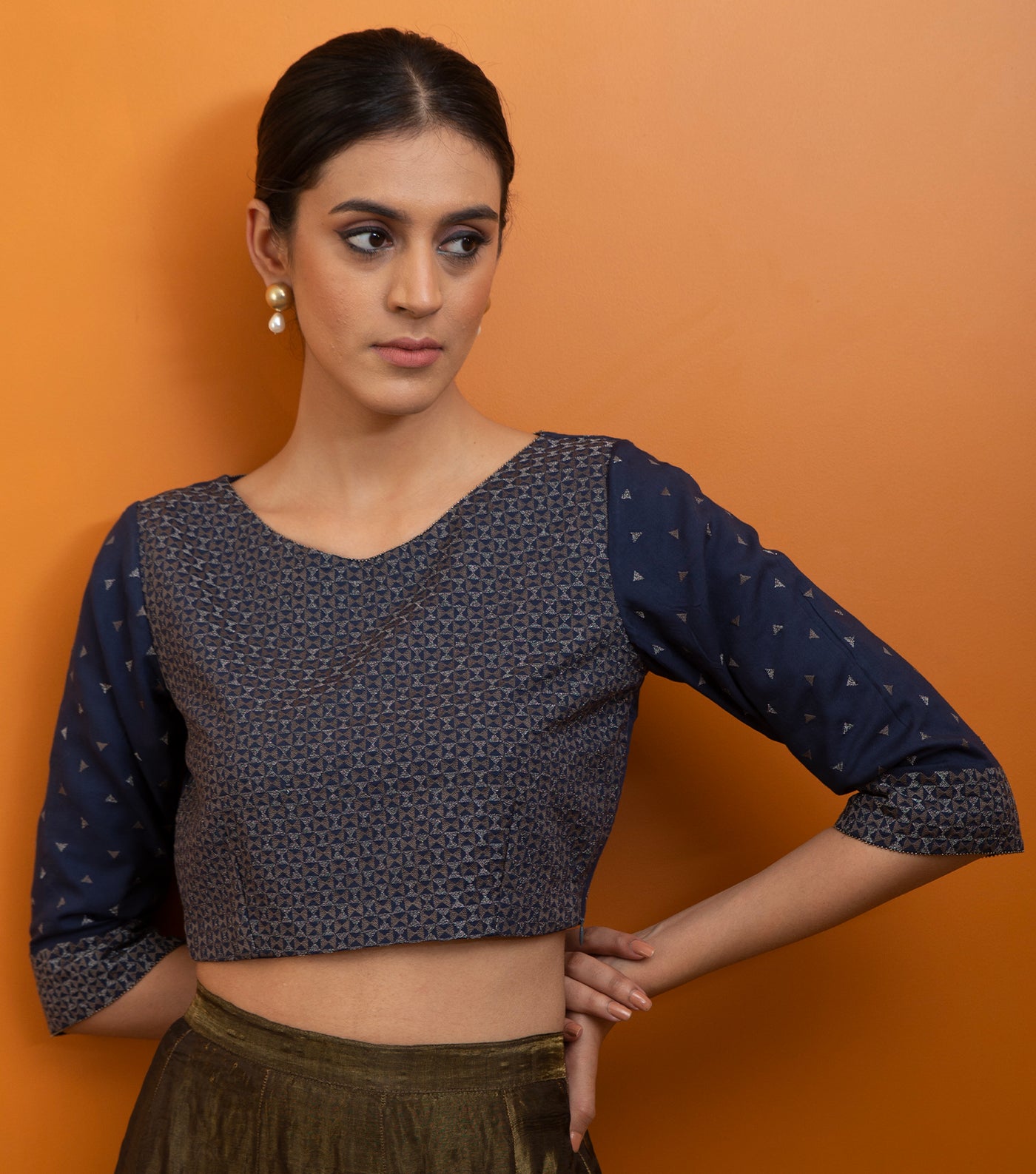 Navy Blue Embroidered Cotton Silk Blouse
