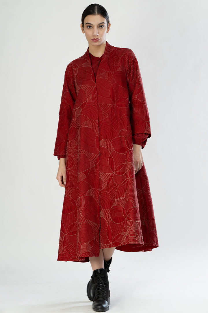 Red Embroidered Quilted Silk Jacket