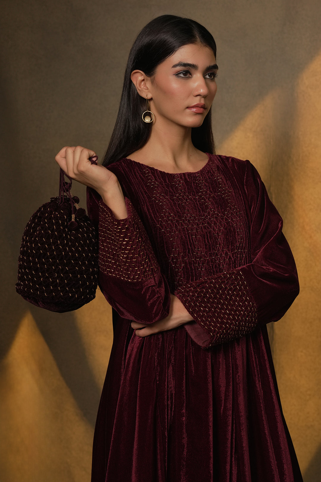 Wine Hand Embroidered Velvet Dress