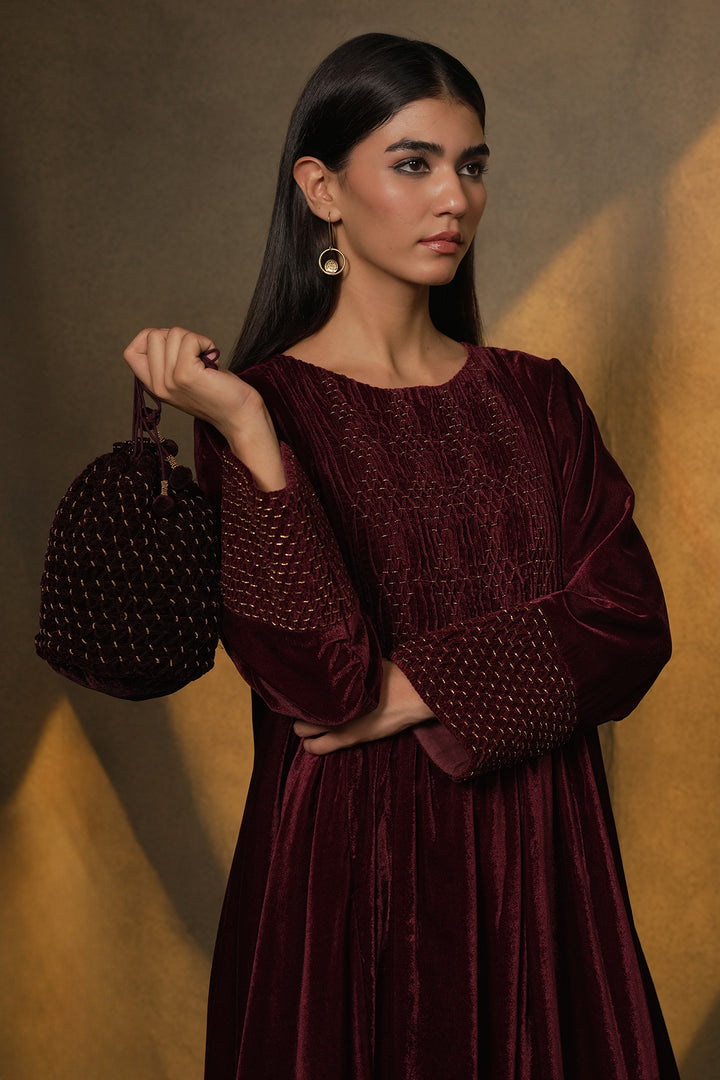 Wine Hand Embroidered Velvet Dress