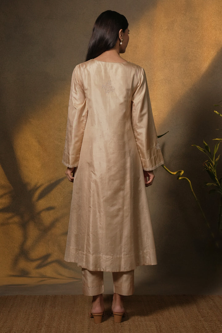 Beige Hand Embroidered Silk Kurta with Pants and Organza Dupatta