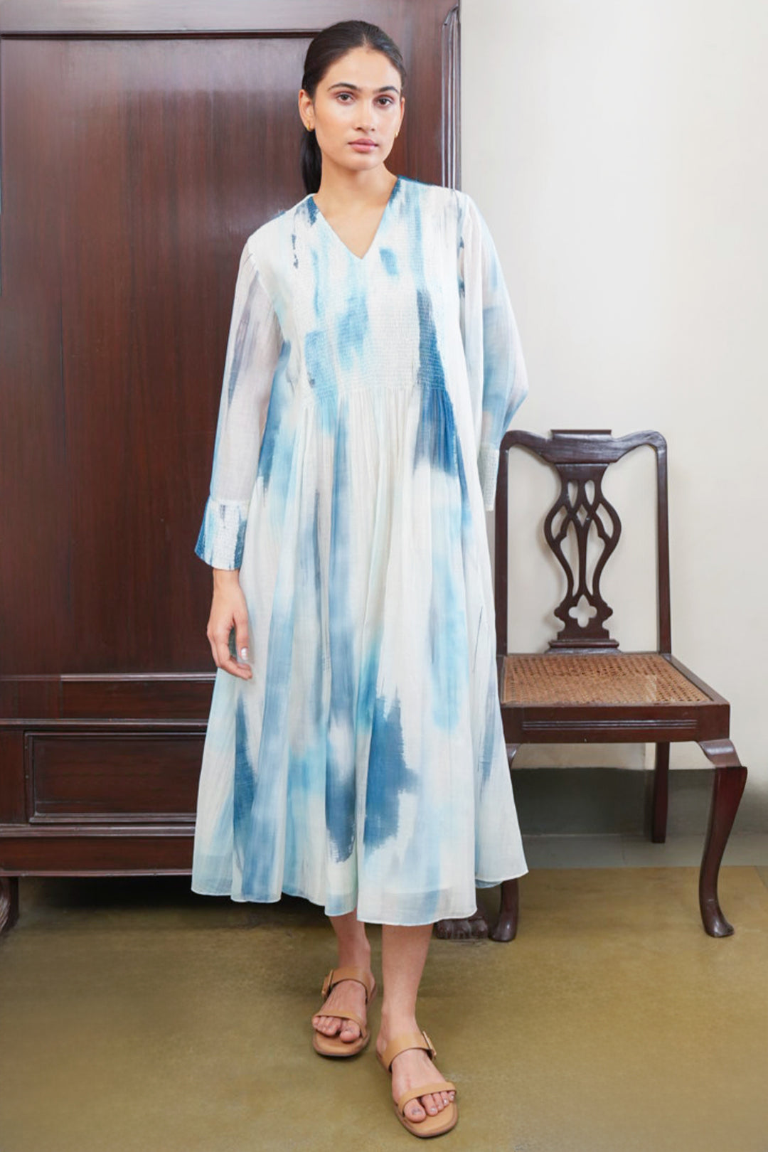 Blue and Off White Abstract Print Midi Dress