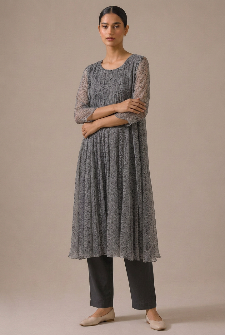 Grey Printed Chiffon Kurta
