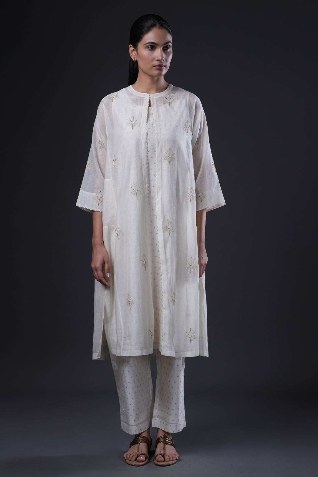 Natural Hand Embroidered Banarsi Chanderi Cape with Slip