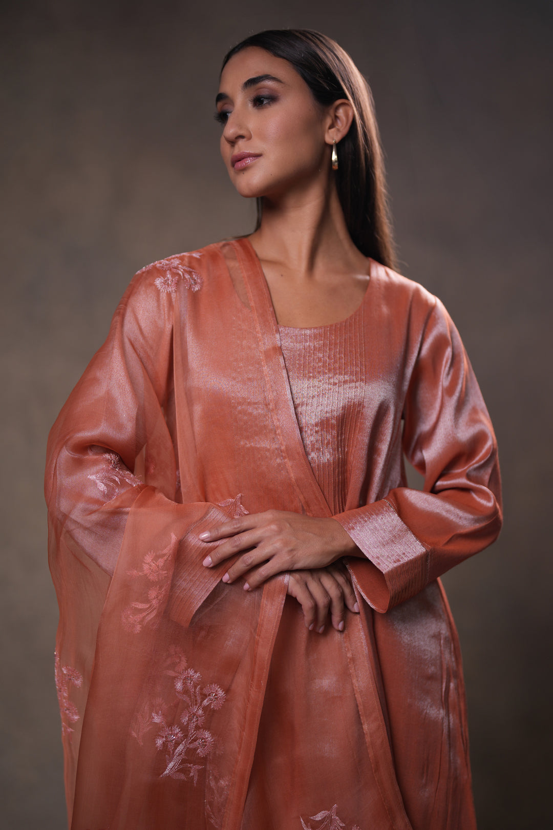 Rust Embroidered Organza Dupatta