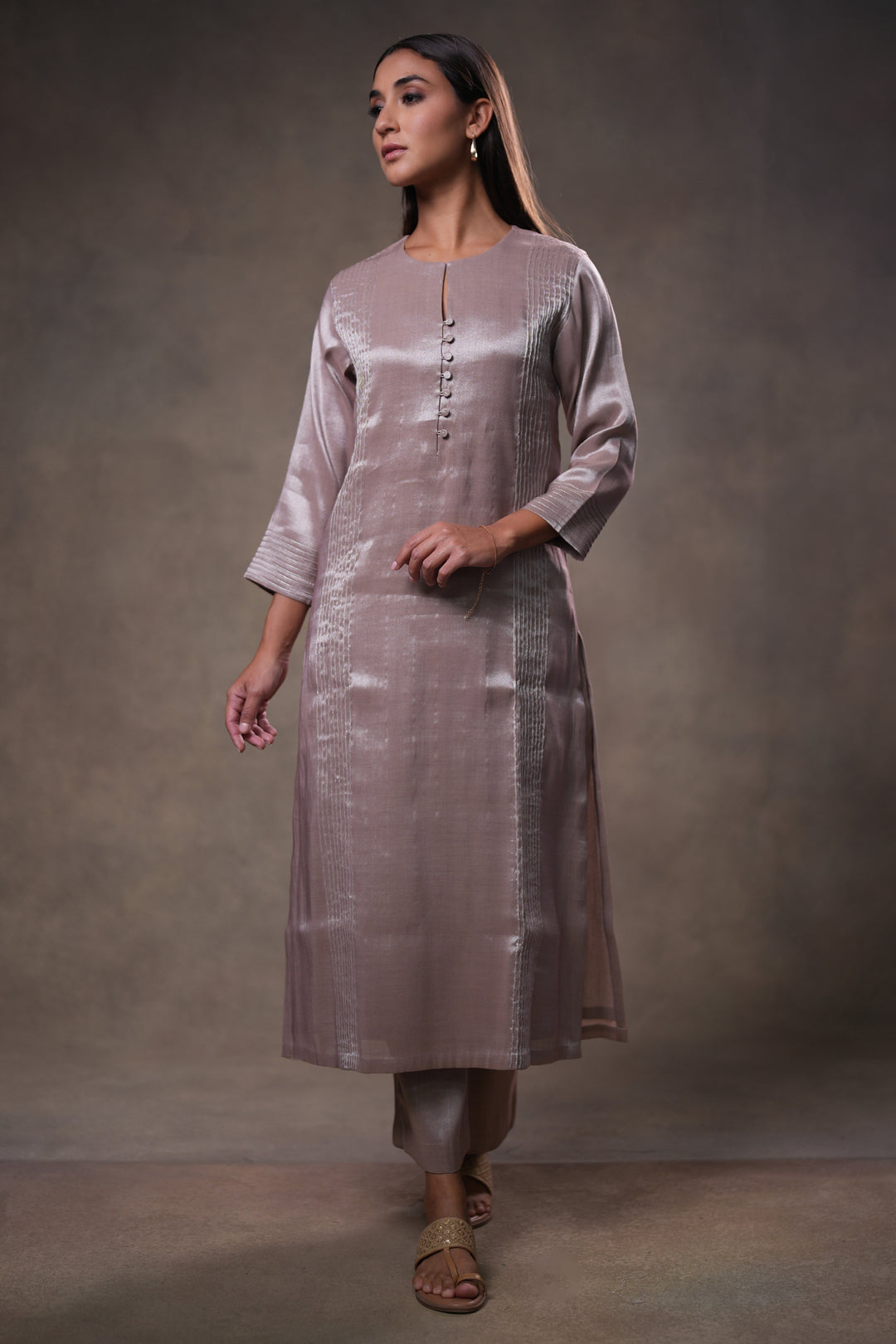 Beige Tissue Kurta with Pants and Dupatta