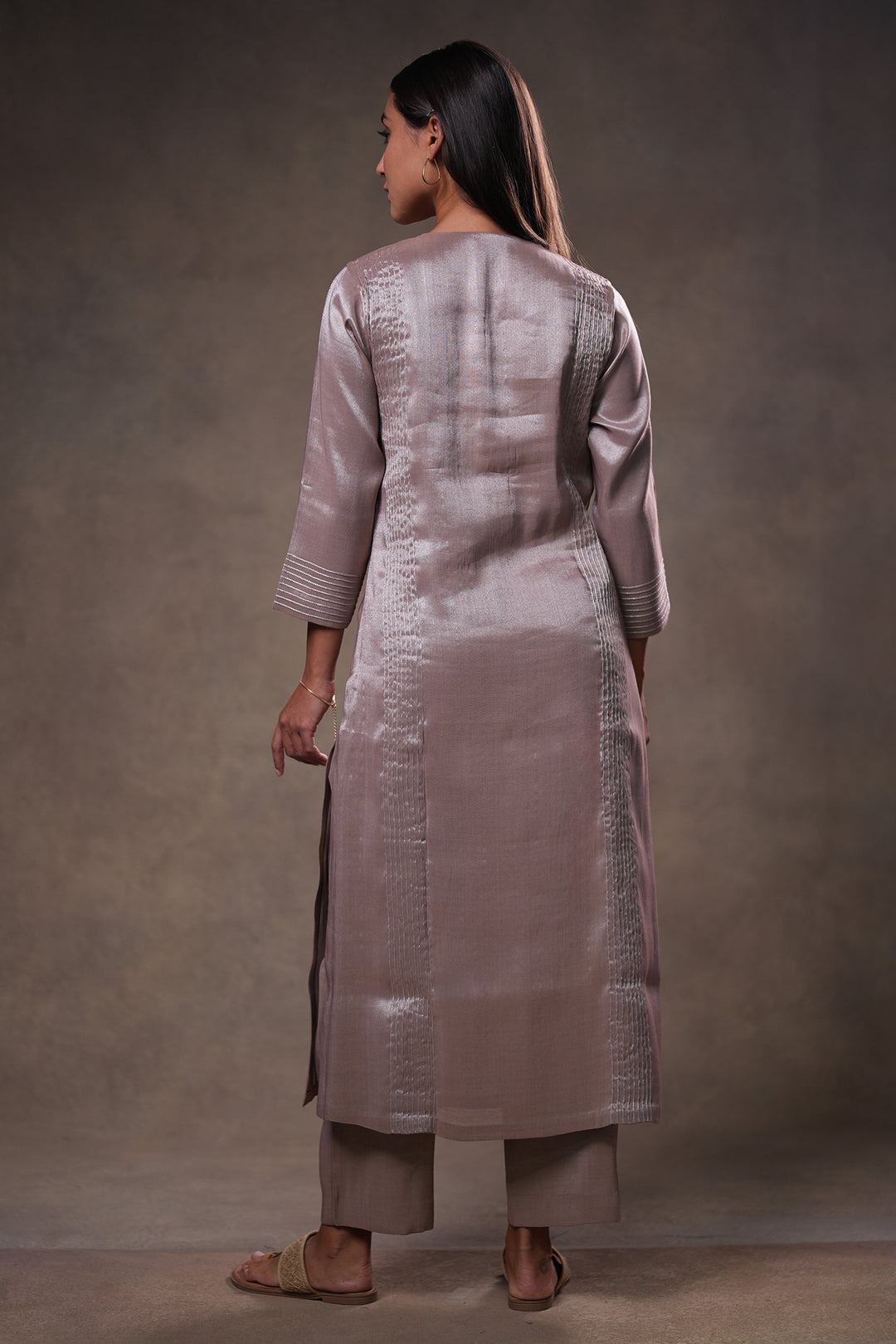 Beige Tissue Kurta with Pants and Dupatta