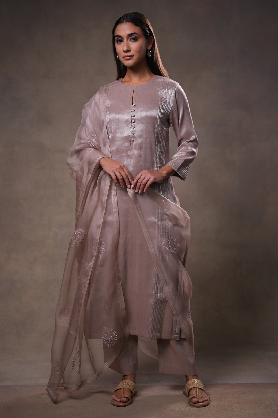 Beige Embroidered Organza Dupatta