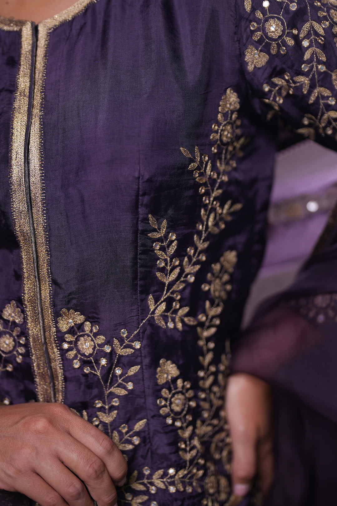 Dia Mirza in Purple Hand Embroidered Silk Lehenga Set with Kurti & Dupatta
