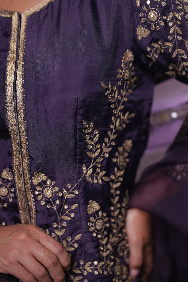 Dia Mirza in Purple Hand Embroidered Silk Lehenga Set with Kurti & Dupatta