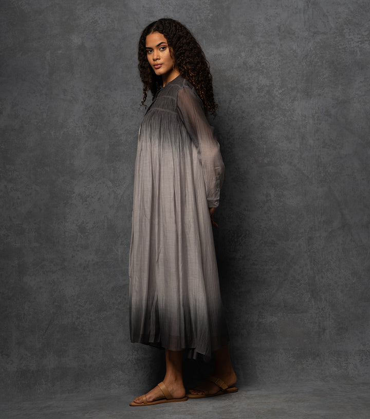 Black & Grey Ombre Thread Embroidered Cotton Silk Long Dress