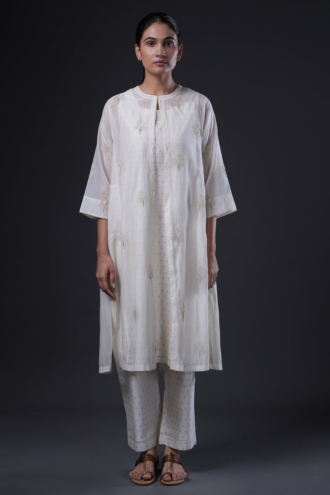 Natural Hand Embroidered Banarsi Chanderi Cape with Slip