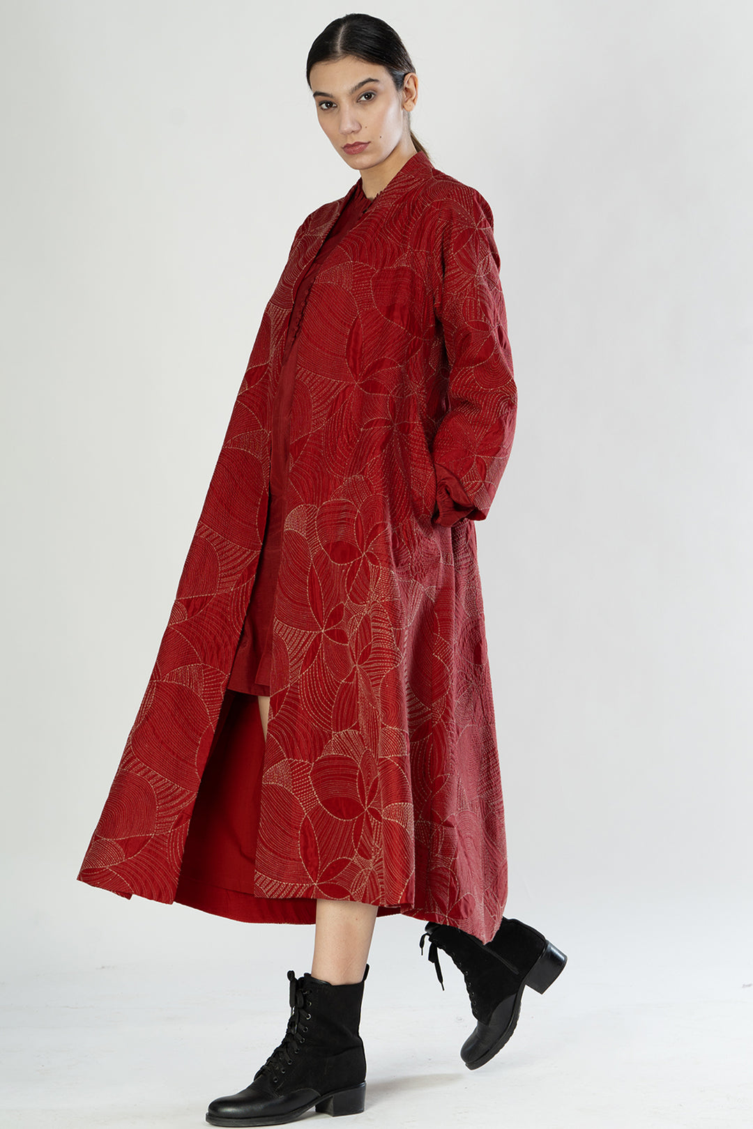 Red Embroidered Quilted Silk Jacket