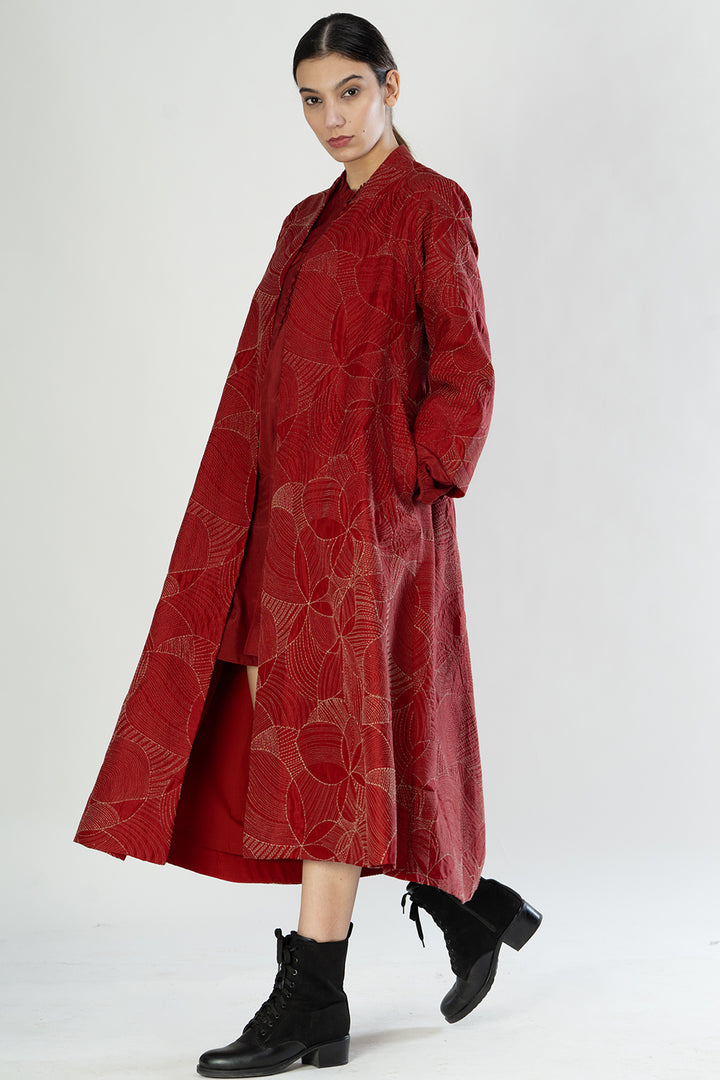 Red Embroidered Quilted Silk Jacket