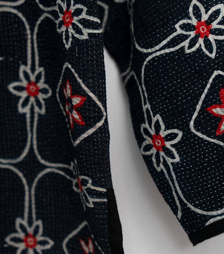 Black Vintage Cotton Kantha Jacket For Kids