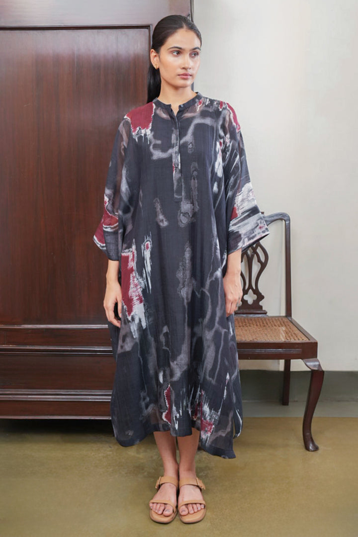Black Abstract Print Chanderi Kaftan