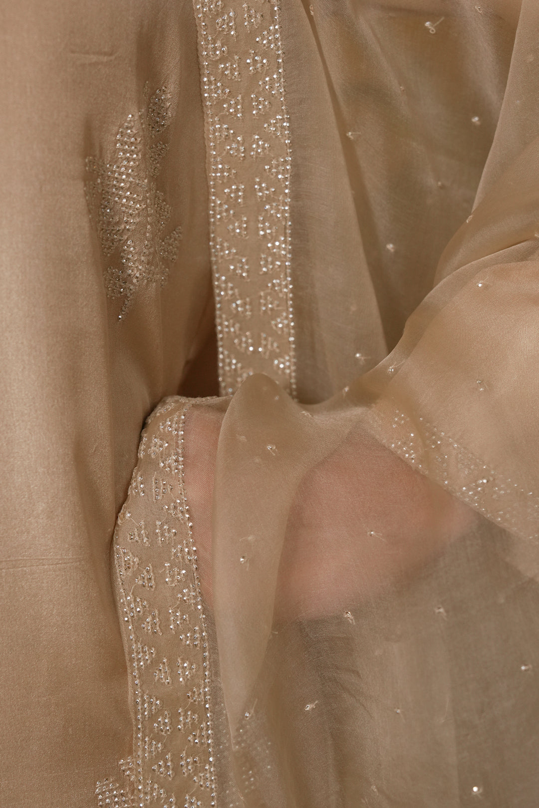 Beige Hand Embroidered Silk Kurta with Pants and Organza Dupatta