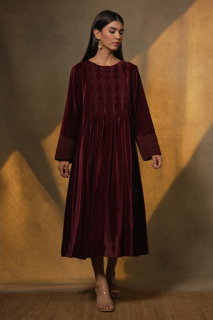 Wine Hand Embroidered Velvet Dress