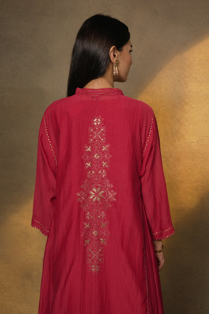 Hot Pink Embroidered Chanderi Choga