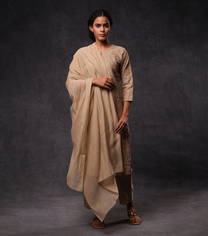 Beige Patchwork & Embroidered Cotton Silk Kurta Set