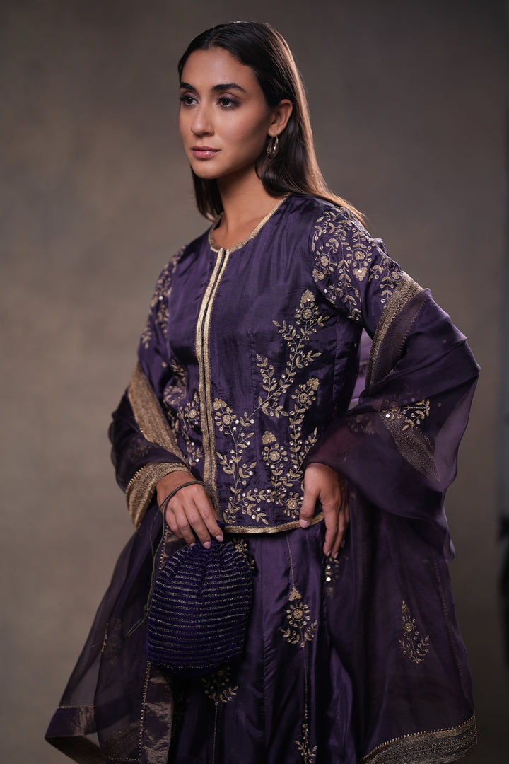 Dia Mirza in Purple Hand Embroidered Silk Lehenga Set with Kurti & Dupatta