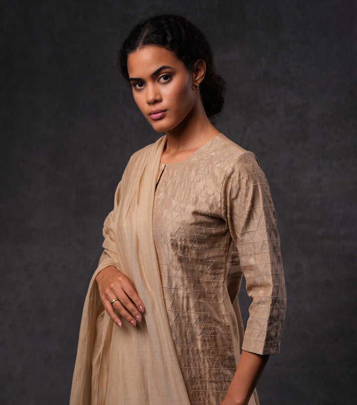 Beige Patchwork & Embroidered Cotton Silk Kurta Set