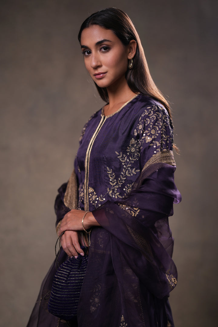 Dia Mirza in Purple Hand Embroidered Silk Lehenga Set with Kurti & Dupatta