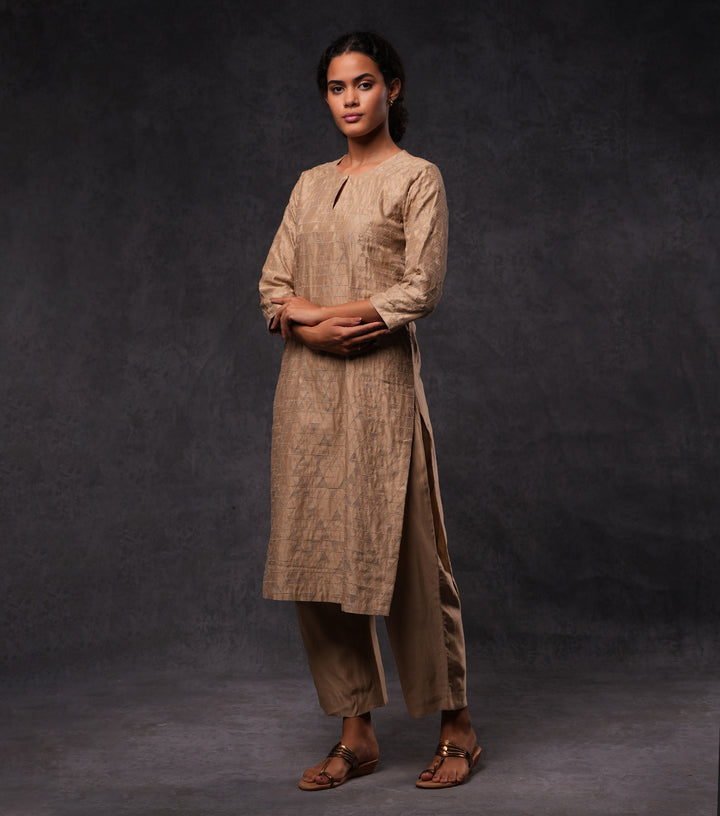 Beige Patchwork & Embroidered Cotton Silk Kurta Set